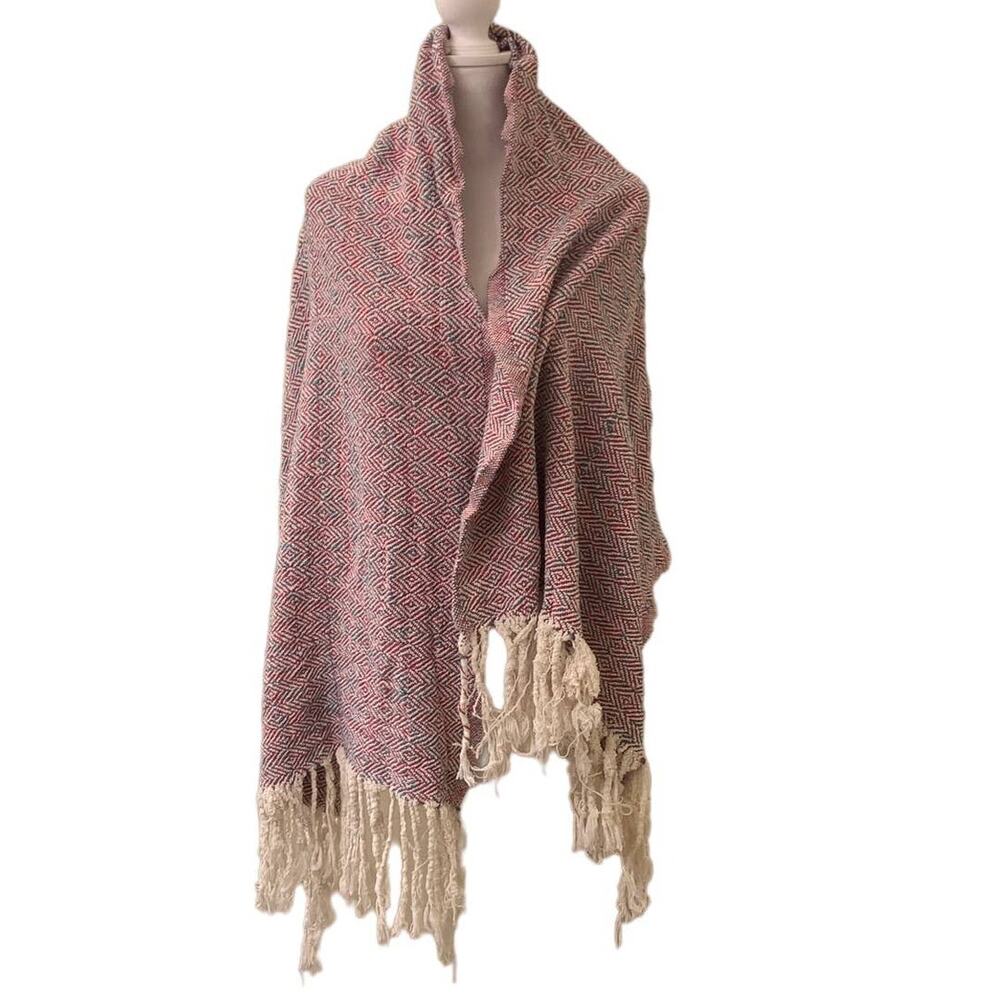 Red, White & Green Women's Woven Shawl Wrap with Fringe Edge, 60" x 23"